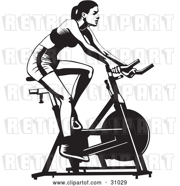 Vector Clip Art of Retro Healthy Lady Exercising on a Stationary Bicycle in a Gym