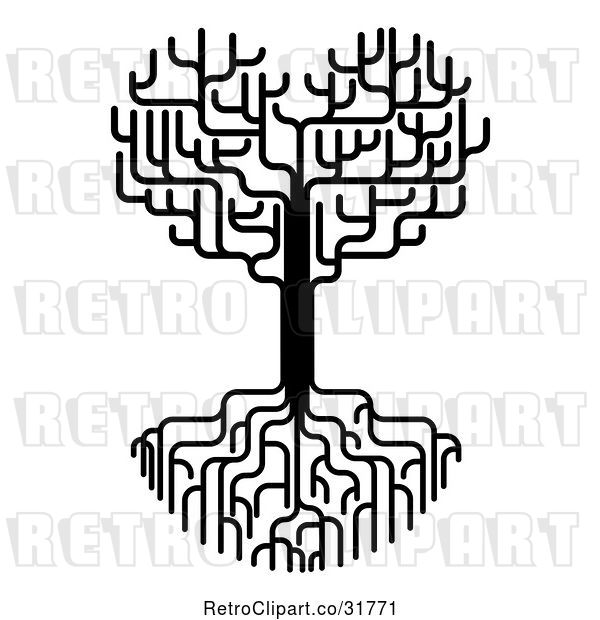 Vector Clip Art of Retro Heart Tree with Bare Branches and Deep Roots
