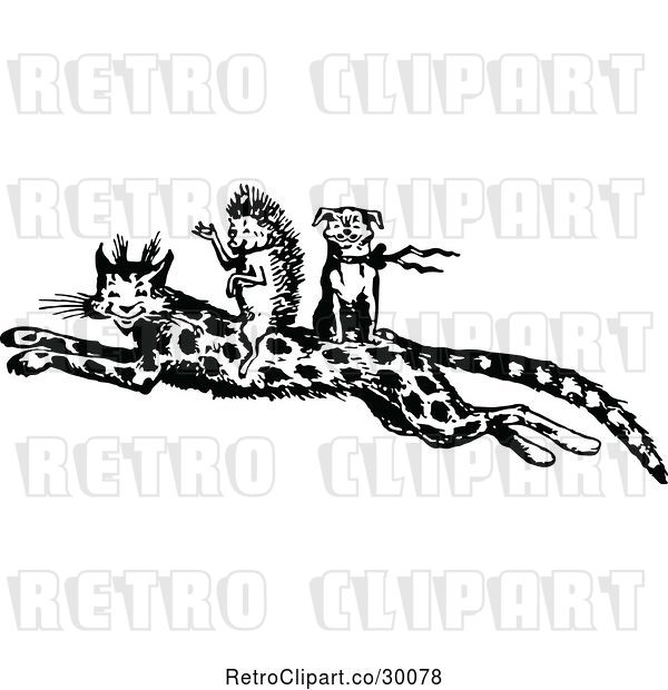 Vector Clip Art of Retro Hedgehog and Dog Riding on a Leopard