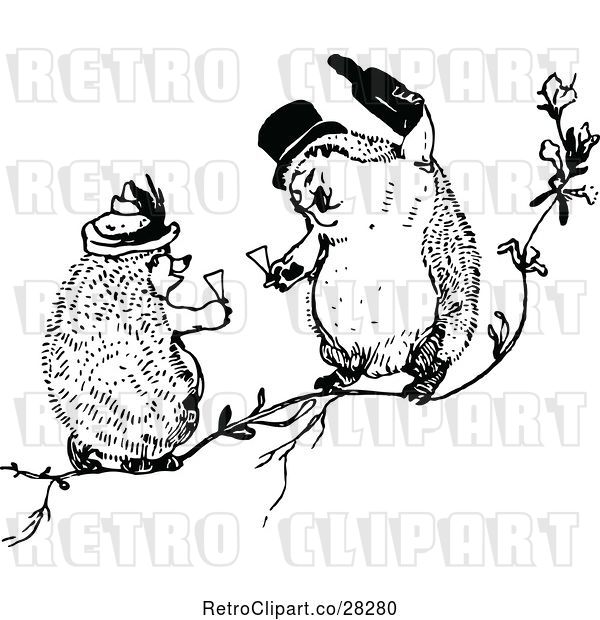 Vector Clip Art of Retro Hedgehogs Toasting with Wine