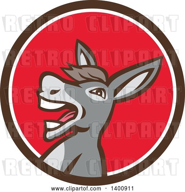 Vector Clip Art of Retro Hee Hawing Braying Donkey in a Brown White and Red Circle
