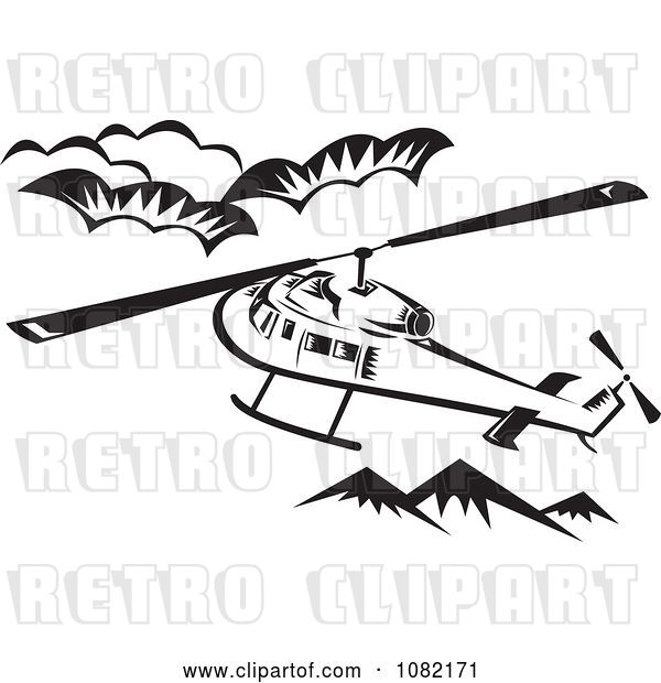 Vector Clip Art of Retro Helicopter Above Mountains