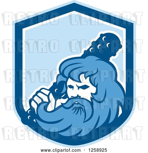 Vector Clip Art of Retro Hercules Holding a Club in a Blue and White Shield