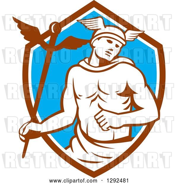 Vector Clip Art of Retro Hermes with a Caduceus in a Brown White and Blue Shield