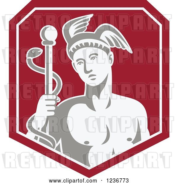Vector Clip Art of Retro Hermes with a Caduceus in a Red Shield