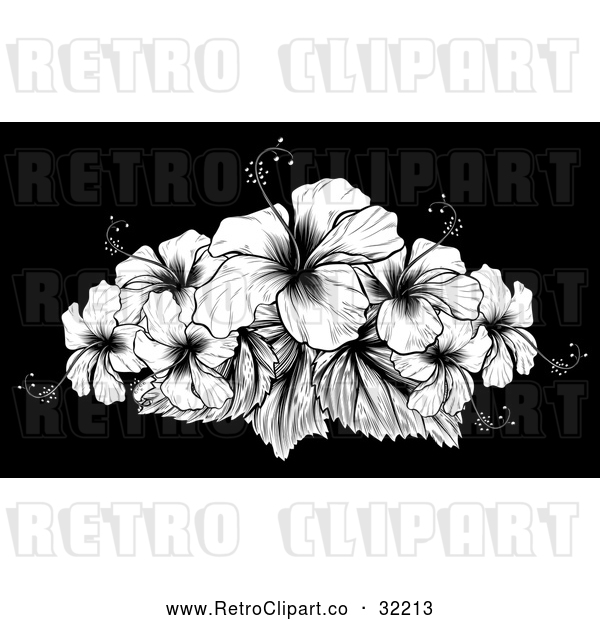 Vector Clip Art of Retro Hibiscus Flower over Black Background