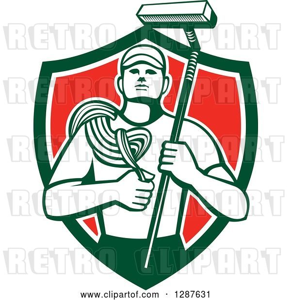 Vector Clip Art of Retro High Rise Male Window Washer Holding a Rope and Brush in a Green White and Red Shield