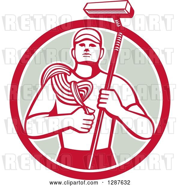Vector Clip Art of Retro High Rise Male Window Washer Holding a Rope and Brush in a Red White and Taupe Circle