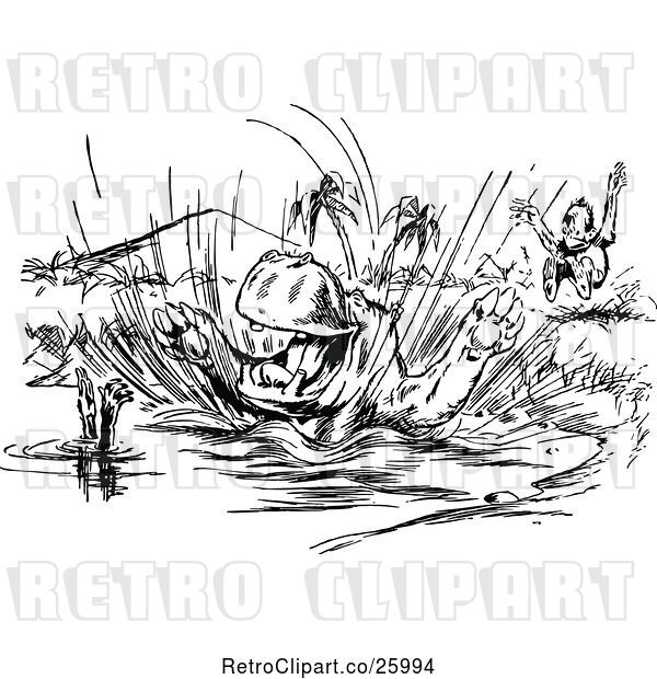 Vector Clip Art of Retro Hippo Jumping into Water