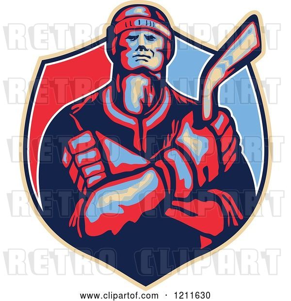 Vector Clip Art of Retro Hockey Player Holding a Stick and Crossing His Arms over a Shield