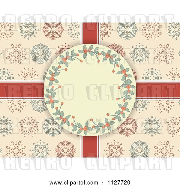 Vector Clip Art of Retro Holly Christmas Frame over Ribbons and Snowflakes on Pink