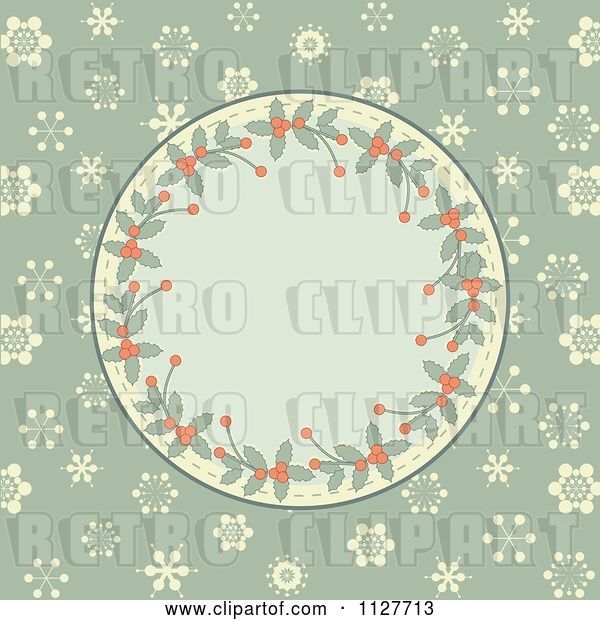 Vector Clip Art of Retro Holly Christmas Frame over Snowflakes on Green