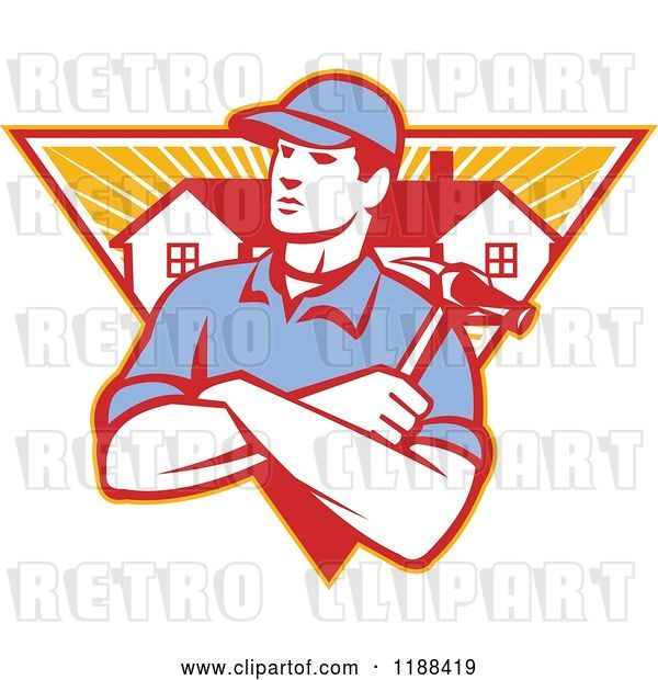 Vector Clip Art of Retro Home Builder with Folded Arms and a Hammer over a Triangle of Houses and Rays