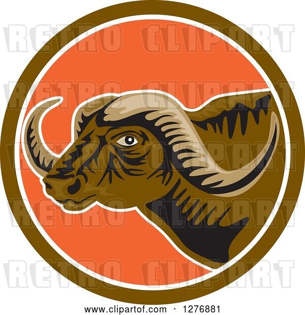 Vector Clip Art of Retro Horned African Buffalo Head in a Brown White and Orange Circle