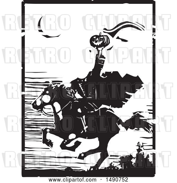 Vector Clip Art of Retro Horse Back Headless Horseman Holding up a Jackolantern in Balck and White Woodcut
