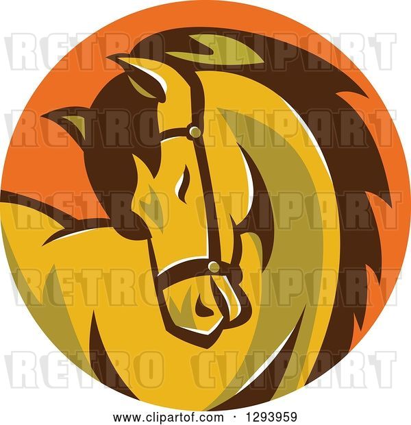 Vector Clip Art of Retro Horse Curling Its Neck in an Orange Circle