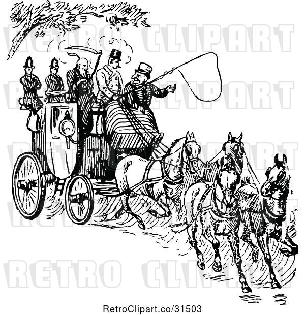 Vector Clip Art of Retro Horse Drawn Carriage and Passengers