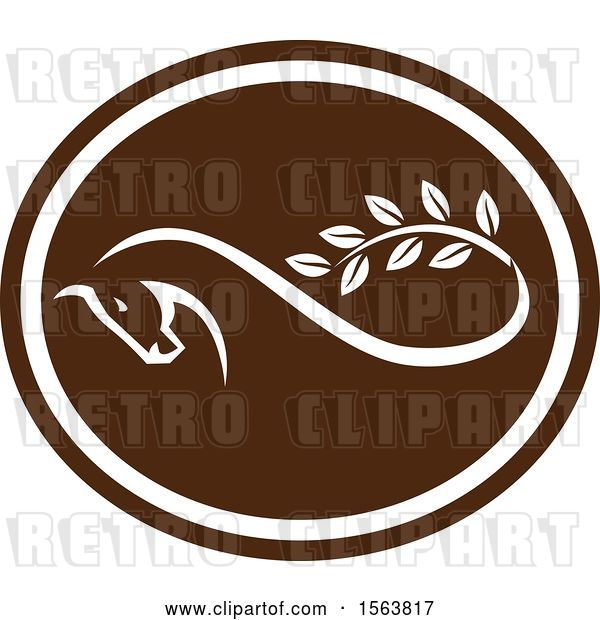 Vector Clip Art of Retro Horse Ending in a Leafy Branch Within a White and Brown Oval
