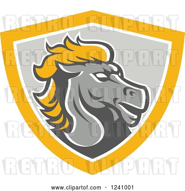 Vector Clip Art of Retro Horse Head in a Gray and Yellow Shield