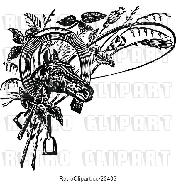 Vector Clip Art of Retro Horse Head with a Shoe Whip and Plants