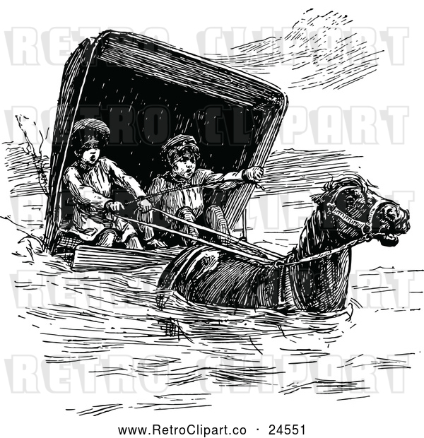 Vector Clip Art of Retro Horse Leading Children in a Carriage Through a Flood