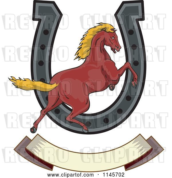 Vector Clip Art of Retro Horse Leaping over a Horseshoe and Banner