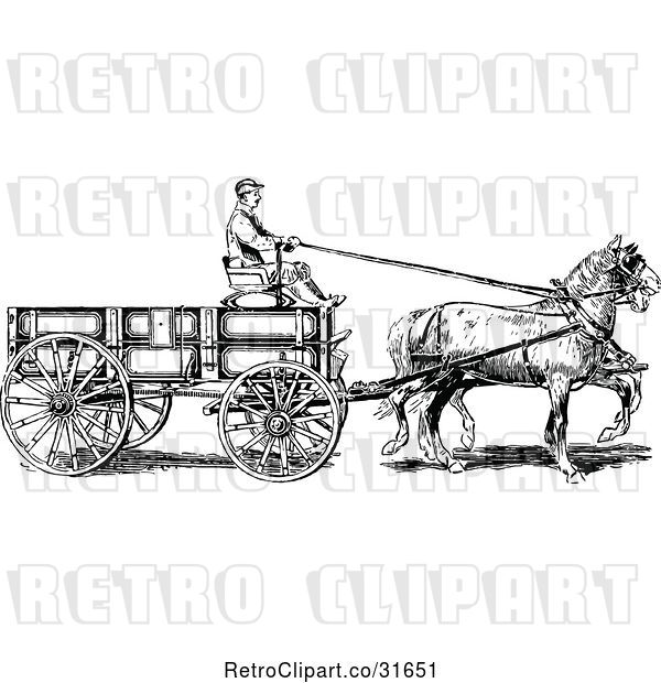 Vector Clip Art of Retro Horse Pulling a Wagon