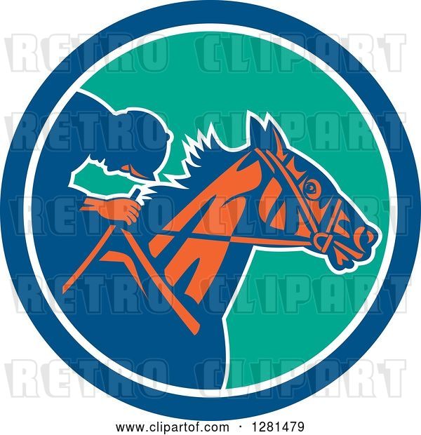 Vector Clip Art of Retro Horse Racing Jockey in a Blue White and Turquoise Circle
