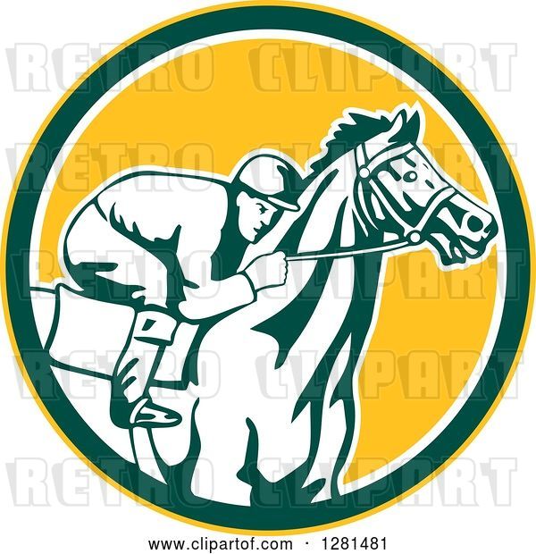 Vector Clip Art of Retro Horse Racing Jockey in a Yellow Green and White Circle