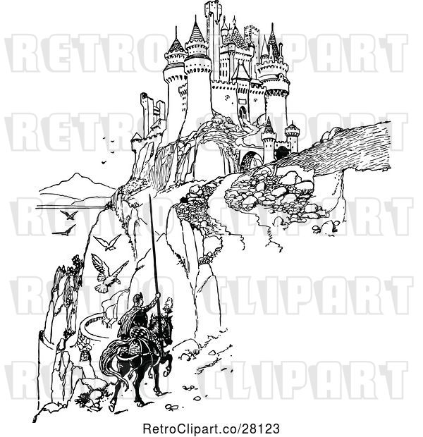 Vector Clip Art of Retro Horseack Knight on a Path to a Castle