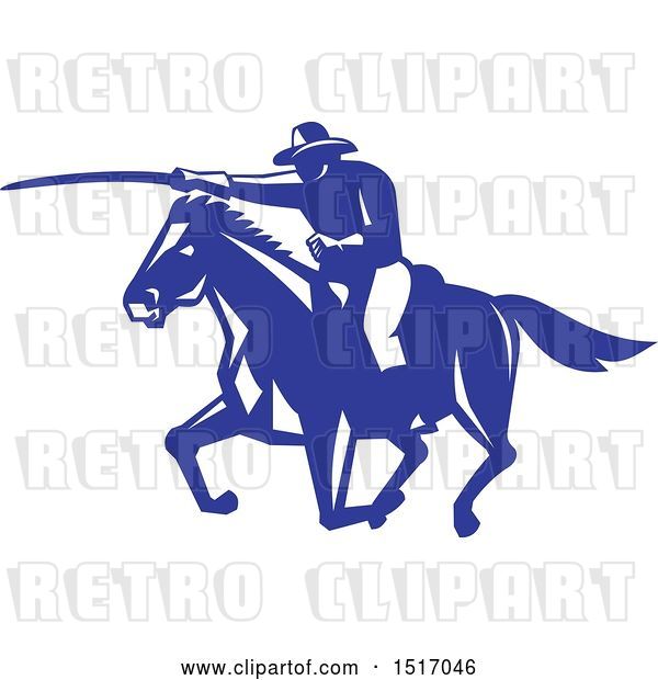 Vector Clip Art of Retro Horseback Calvary Soldier Charting with a Sword