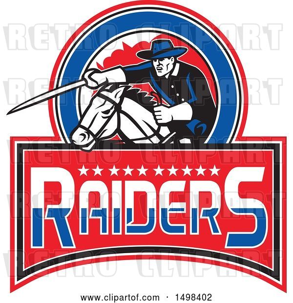 Vector Clip Art of Retro Horseback Cavalry Trooper Soldier Charging with a Sword, over Raiders Text