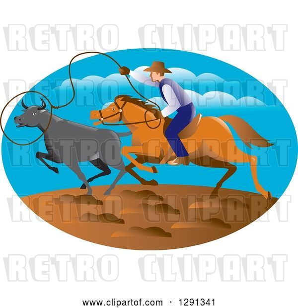Vector Clip Art of Retro Horseback Cowboy Roping Cattle in an Oval
