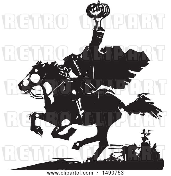 Vector Clip Art of Retro Horseback Headless Horseman Holding up a Jackolantern in Balck and White Woodcut