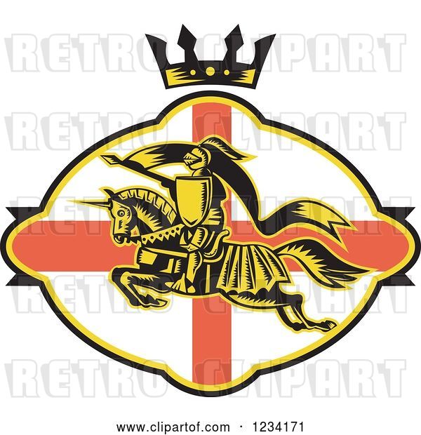 Vector Clip Art of Retro Horseback Jousting Knight Leaping over an English Flag Oval and Crown