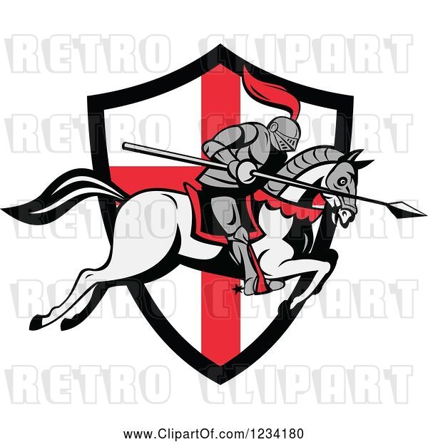 Vector Clip Art of Retro Horseback Jousting Knight Leaping over an English Flag Shield