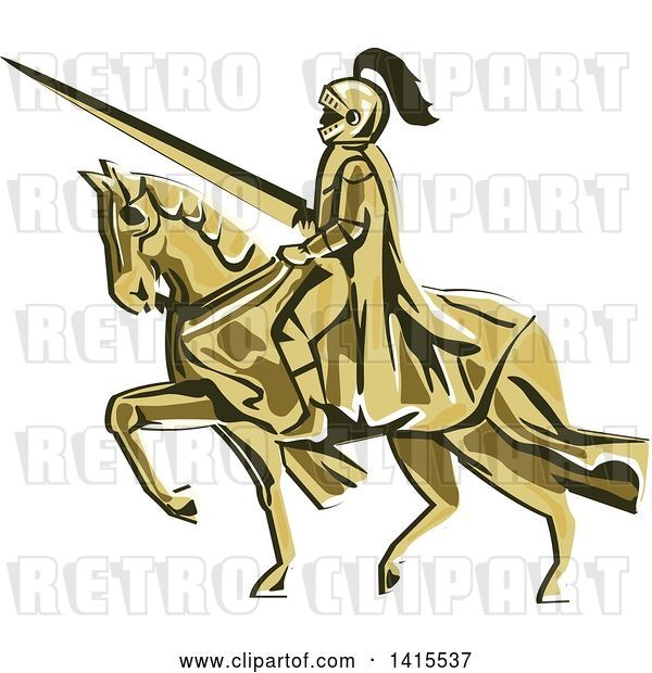 Vector Clip Art of Retro Horseback Knight in Full Armor, Holding a Lance