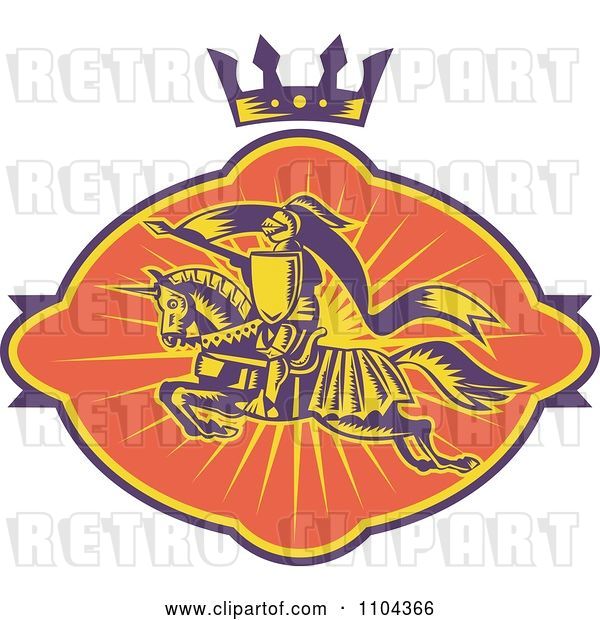 Vector Clip Art of Retro Horseback Knight with a Spear Under a Crown