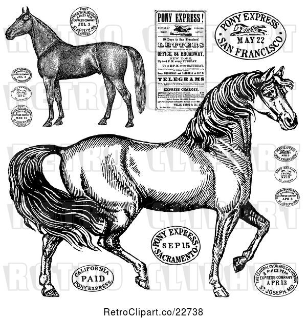 Vector Clip Art of Retro Horses and Post Stamps