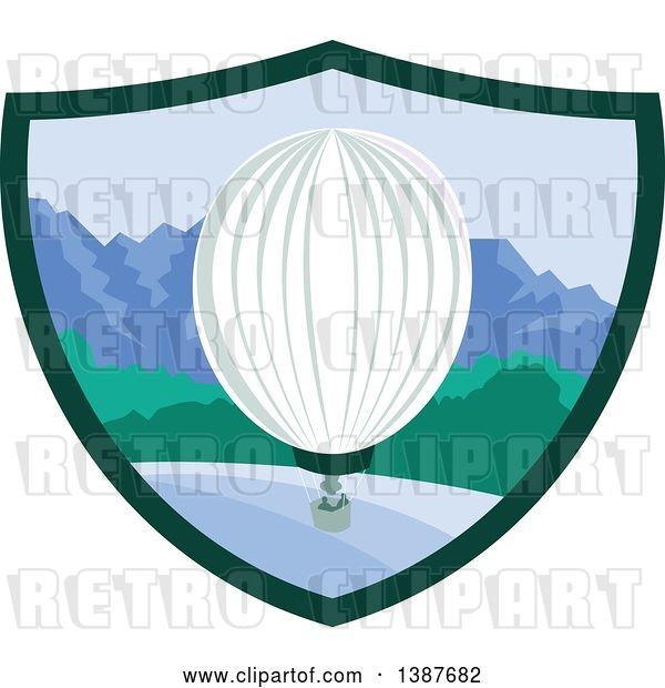 Vector Clip Art of Retro Hot Air Balloon over Mountains and the Ocean in a Shield