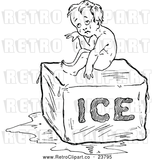 Vector Clip Art of Retro Hot Baby Sitting on Ice