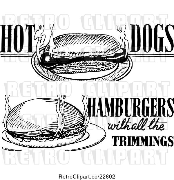 Vector Clip Art of Retro Hot Dog and Hamburger Menu Designs