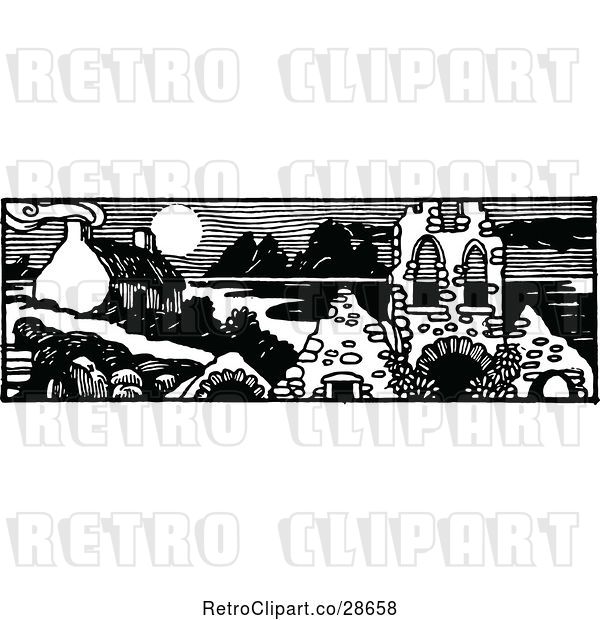 Vector Clip Art of Retro House and Ruins Panorama