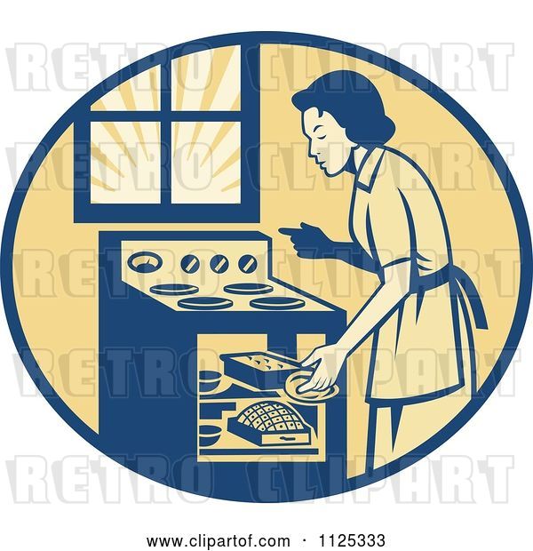 Vector Clip Art of Retro House Wife Cooking Meats in an Oven