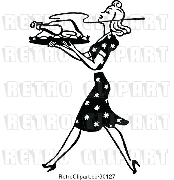 Vector Clip Art of Retro Housewife Carrying a Roasted Turkey