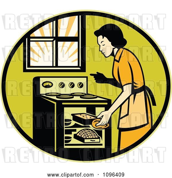Vector Clip Art of Retro Housewife Cooking Fresh Bread in an Oven