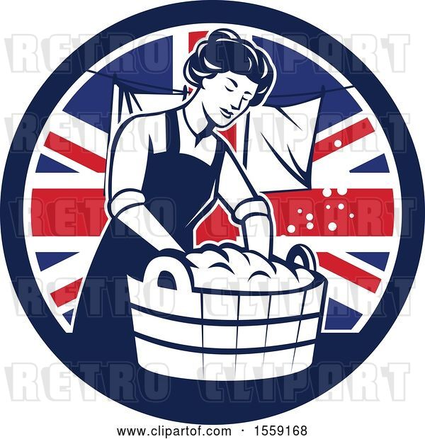 Vector Clip Art of Retro Housewife Doing Laundry in a British Flag Circle