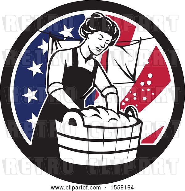 Vector Clip Art of Retro Housewife Doing Laundry in an American Flag Circle