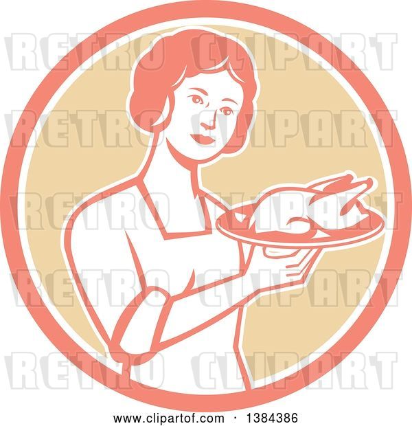 Vector Clip Art of Retro Housewife Holding a Roasted Chicken on a Plate in a Pink White and Tan Circle