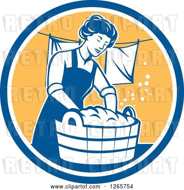 Vector Clip Art of Retro Housewife Lady Doing Laundry in a Blue White and Yellow Circle